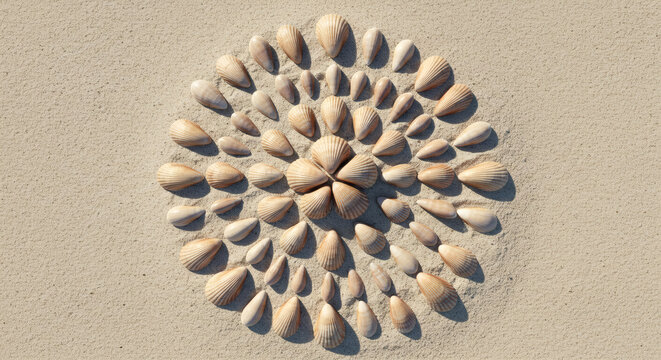 Intricate seashell mandala pattern artfully arranged on fine beach sand, evoking summer tranquility and natural beauty.