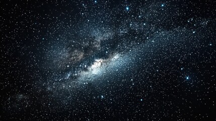 A vast, starry night sky with the Milky Way galaxy prominently visible, surrounded by countless stars and a few bright, distant galaxies. 