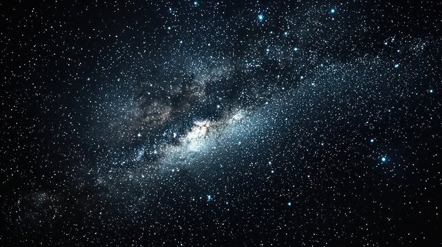 A vast, starry night sky with the Milky Way galaxy prominently visible, surrounded by countless stars and a few bright, distant galaxies. 