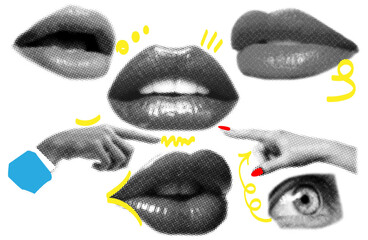 Trendy collage of female beauty lips and pointing hands in halftone texture.
