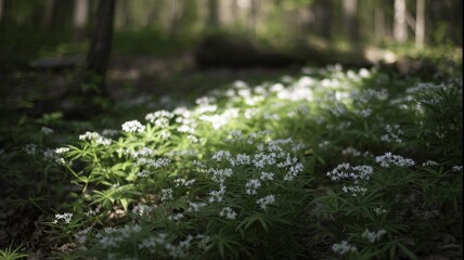 Fototapeta premium White wildflowers blooming on forest floor with dappled sunlight filtering through trees