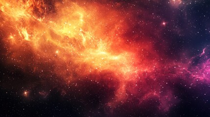 Fototapeta premium A vibrant, colorful nebula with orange and red hues, surrounded by numerous stars and gas clouds, set against a dark backdrop.