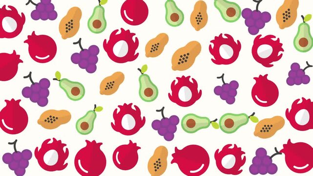 Seamless Pattern of Pomegranates and Avocados, Colorful Food Illustration, Vibrant Graphic Design, Flat Lay View, Artistic Concept