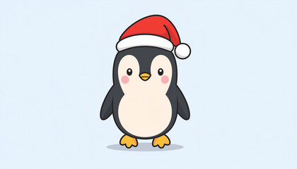 Cute Penguin Wearing a Santa Hat in a Cartoon Illustration for Holiday Season