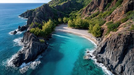 Fototapeta premium Aerial View Of A Secluded Island Cove With Turquoise Water And Rocky Shores Bathed In Sunlight