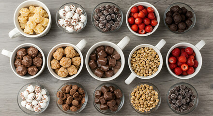 A diverse assortment of sweet toppings in bowls and mugs.