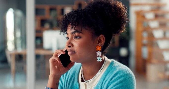 Smile, business woman and phone call in office, communication or feedback for creative article. Mobile, African person or journalist talking to contact for news source, story or fact check in startup