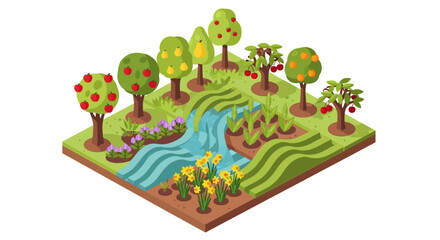 Obraz premium Isometric Orchard Landscape with Winding Stream and Fruit Trees.