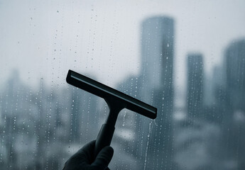 Window squeegee against rainy glass with blurred city background. Concept of cleaning service, rainy day, and urban lifestyle.