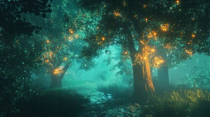 A mystical forest with glowing fireflies and a path leading through the trees, illuminated by a soft, ethereal light.