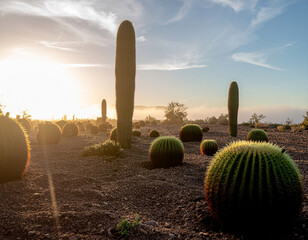 Cacti and dry plants, rippled sand and shadows, in boho desert