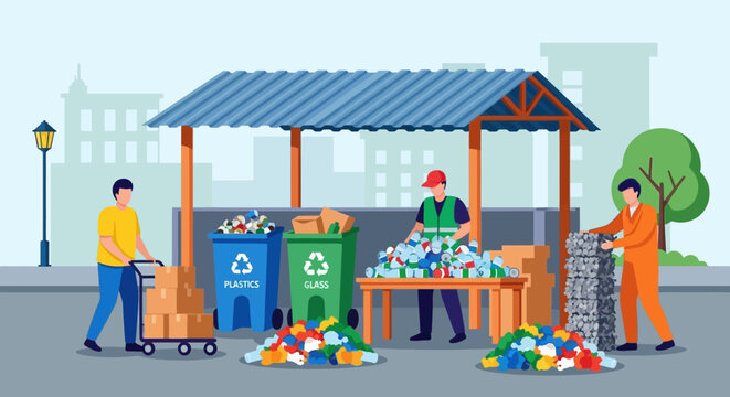 People sorting and collecting recyclable materials at a collection point.