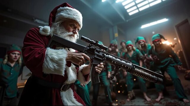 A man dressed as Santa Claus holding a rifle in front of a group of people