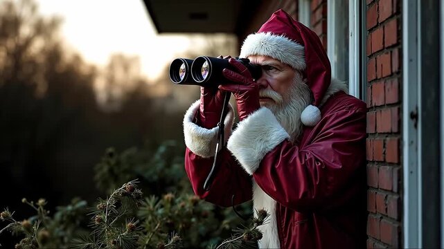 A man dressed as Santa Claus looking through binoculars at the camera - Powered by Adobe