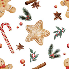 Seamless watercolor pattern with Christmas cookies, fir branches, cinnamon sticks, cloves, and candy canes on a white background. Hand-painted festive design perfect for wrapping paper 