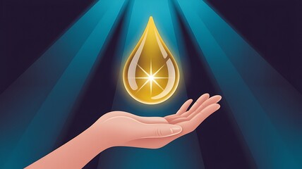 Hand Receiving a Glowing Gold Drop on a Dramatic Blue Backdrop