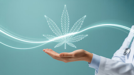 Medical cannabis concept with doctor and leaf graphic in hand