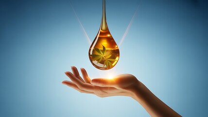 Hand Holding Golden Oil Drop with Hemp Leaf for Natural Treatment Concept