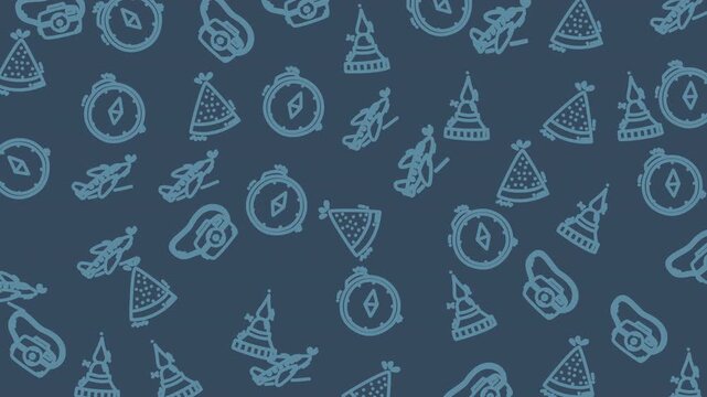 Seamless travel pattern with compasses, cameras, airplanes, and party hats on blue background. Perfect for adventure, tourism, or holiday design.