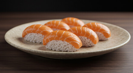 Delicious salmon nigiri sushi arranged on a textured plate, a perfect culinary delight for any occasion.
