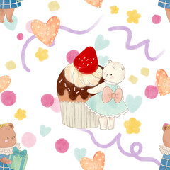 Birthday, Holiday, Anniversary cute animal party seamless pattern Festive decor like celebration sweets, gifts  illustration