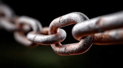 Fototapeta premium Close-up view of a rusty metal chain link with a dark blurred background