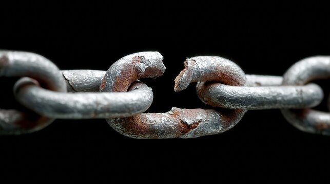 Close-up of a rusted broken chain link against a black background symbolizing weakness and fragility