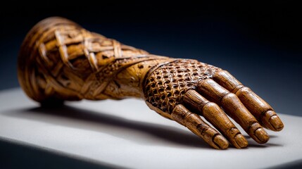 Obraz premium Intricately Carved Wooden Hand Sculpture on Display Platform with Detailed Patterns