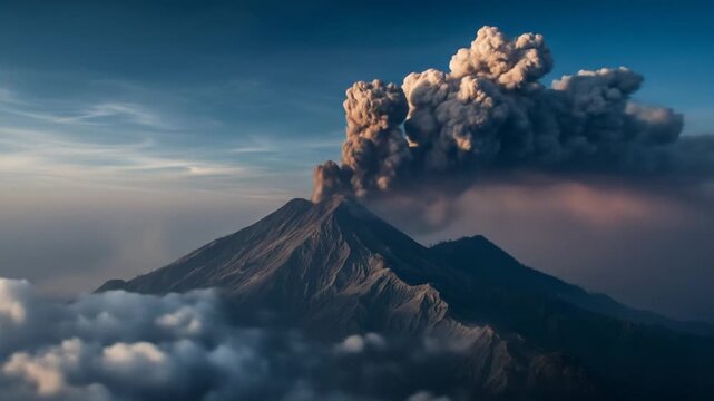 Powerful erupting volcano with a massive ash and smoke plume billowing into the sky above mountain peaks and clouds at sunrise or sunset.