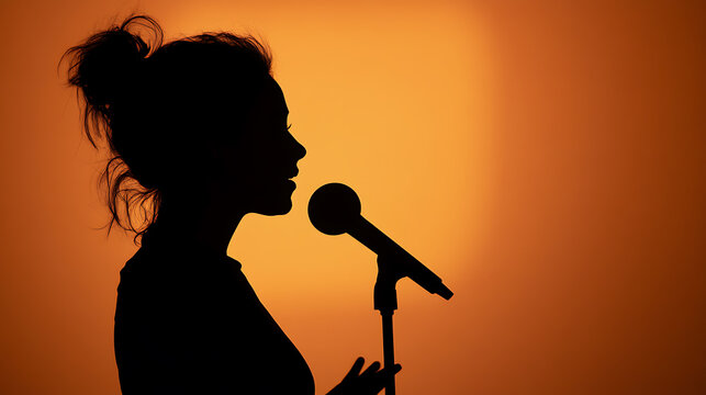 A silhouette of a woman singing into a microphone against an orange background, capturing the essence of performance, expression, and the power of voice. #silhouette #singer