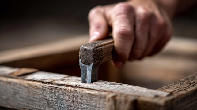 Close-up of a carpenter using a chisel for detailed woodwork on an aged wooden frame, highlighting skill and craftsmanship in woodworking