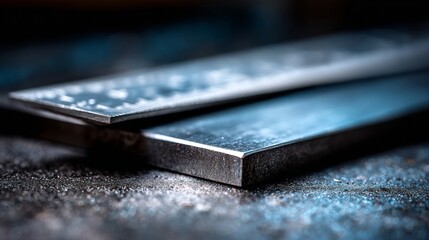 Close-up view of two metal rulers placed parallel on a rough textured surface with a blurred background
