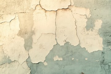 A weathered, textured wall displays cracked, peeling paint in muted pastel tones.