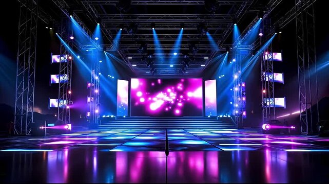 A stage set up for a concert with blue and purple lights