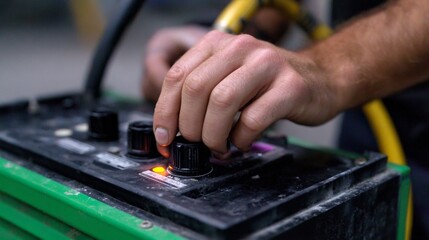 Close-up of a person adjusting control knobs on a heavy-duty machine in an industrial setting