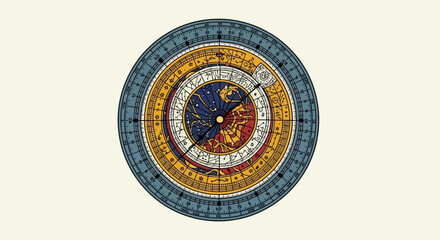 Vintage illustration of an intricate astronomical clock face.