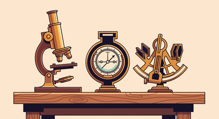 Vintage scientific instruments on wooden table for exploration and discovery.