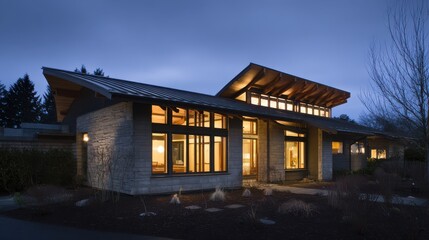 roof. A contemporary house at dusk, glowing with warm lights for a tranquil evening ambiance. real-estate listings.