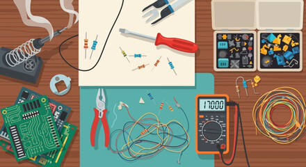 Workbench with soldering iron multimeter and various electronic components.