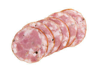 round piece of homemade sausage isolated on white background, top view, slices of pork sausage with pieces of fat and black pepper for any design