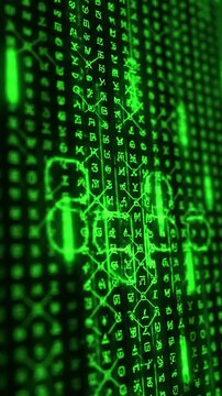 Digital Stream with abstract computer monitor moving symbols animation green linux terminal commands on black background conept of operating systems and technologies distortion, screen overlay