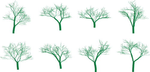 Eight green bare tree silhouettes with intricate branches vector
