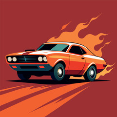 Obraz premium Retro muscle car racing with fiery background, bold colors and dynamic shadows, vintage illustration style.