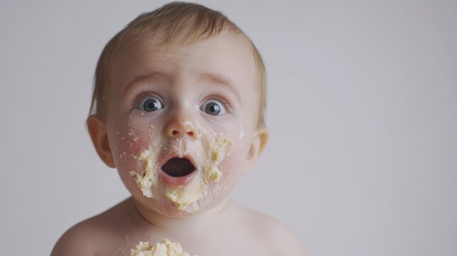 A baby with a surprised expression is covered in yellow frosting, sitting in front of a plain white background. The baby's eyes are wide open, and their mouth is open in a gasp. 