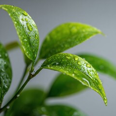 Fototapeta premium Close-up of wet, vibrant green leaves against a blurred grey background