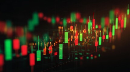 Colorful financial chart with dynamic candlestick patterns illustrating stock market movements and trading trends in a dark background environment