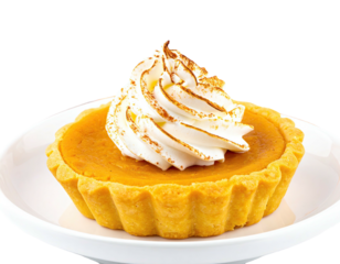A small, golden pumpkin pie with whipped cream topping, served on a white plate