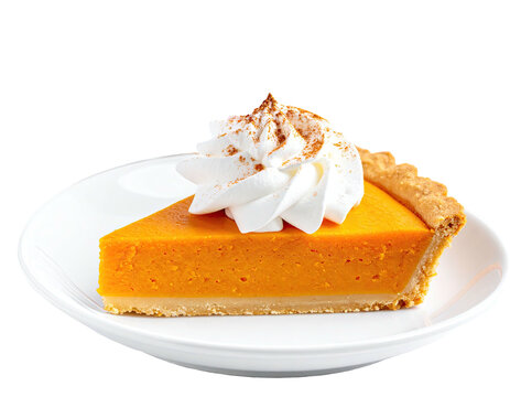 A single slice of pumpkin pie on a white plate, topped with whipped cream, isolated on black