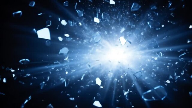 Dynamic abstract explosion of shattered sharp fragments with bright blue light burst. High-energy impact background, digital destruction effect.