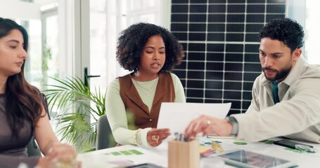 Paperwork, business people or discussion in office meeting, sustainability and solar panel chart. Talk, team and document for clean energy, environmental impact or ESG report with strategy analysis - Powered by Adobe